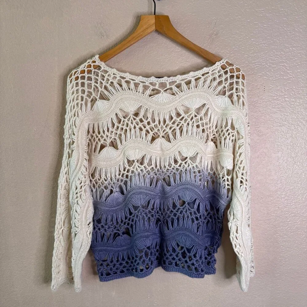 Jason Maxwell Crochet Top Large Beachy Boho Ombre Ivory Blue Vacation Coverup - Picture 7 of 10